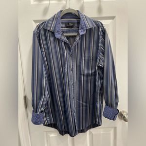 Bugatchi Uomo Men's Striped Shirt Size Large Black Blue Grey